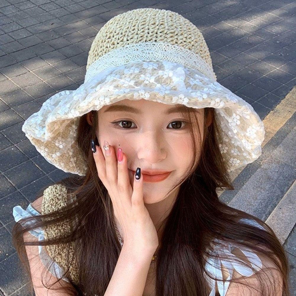 Ribbon Sunscreen Bucket Hat Lace Beach Fisherman Hat Breathable Bow Straw Hat  Travel