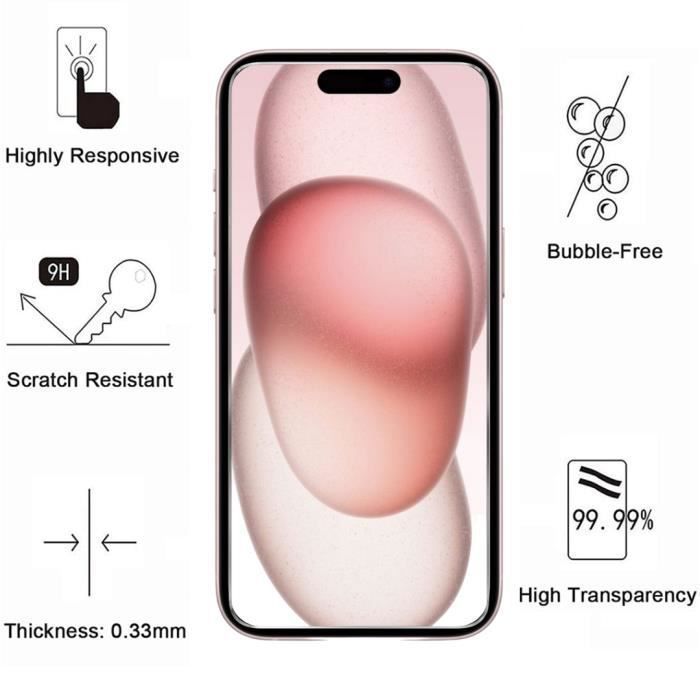 Screen and Back Protector - Phonillico - iPhone 15 - 2 Pack - Tempered Glass - Scratch Resistant