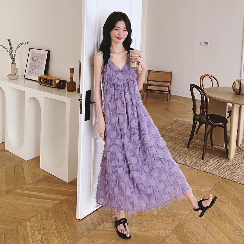 2024 Summer French Color-Blocked Tassel Suspender Dress