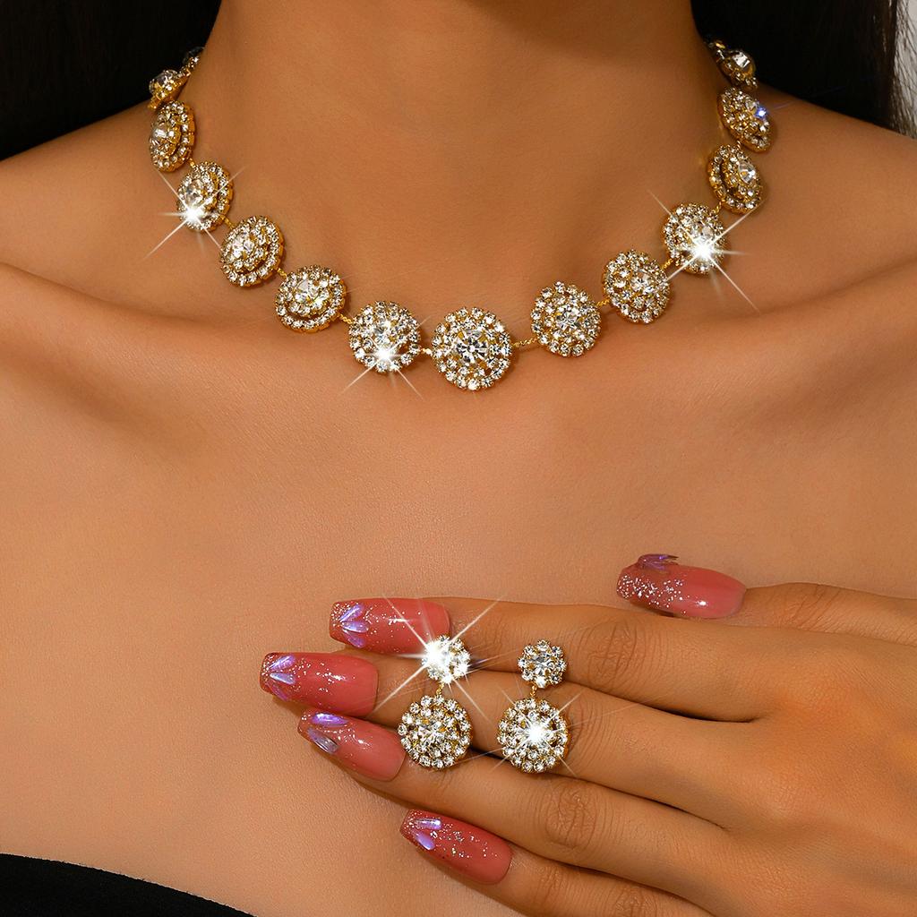 Jewelry Set Luxury Wedding Party Women's Jewelry Round Water Diamond Necklace Stud Earrings Set