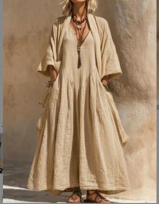 Neues böhmisches V-Ausschnitt bedrucktes langes Kleid lockere Sonnencreme-Bluse Strandurlaub Strandkleid