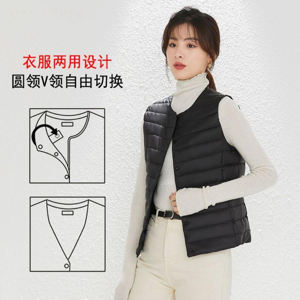 Women's V‑Neck Sleeveless White Duck Down Vest Regular Fit Commuter Layering Gilet