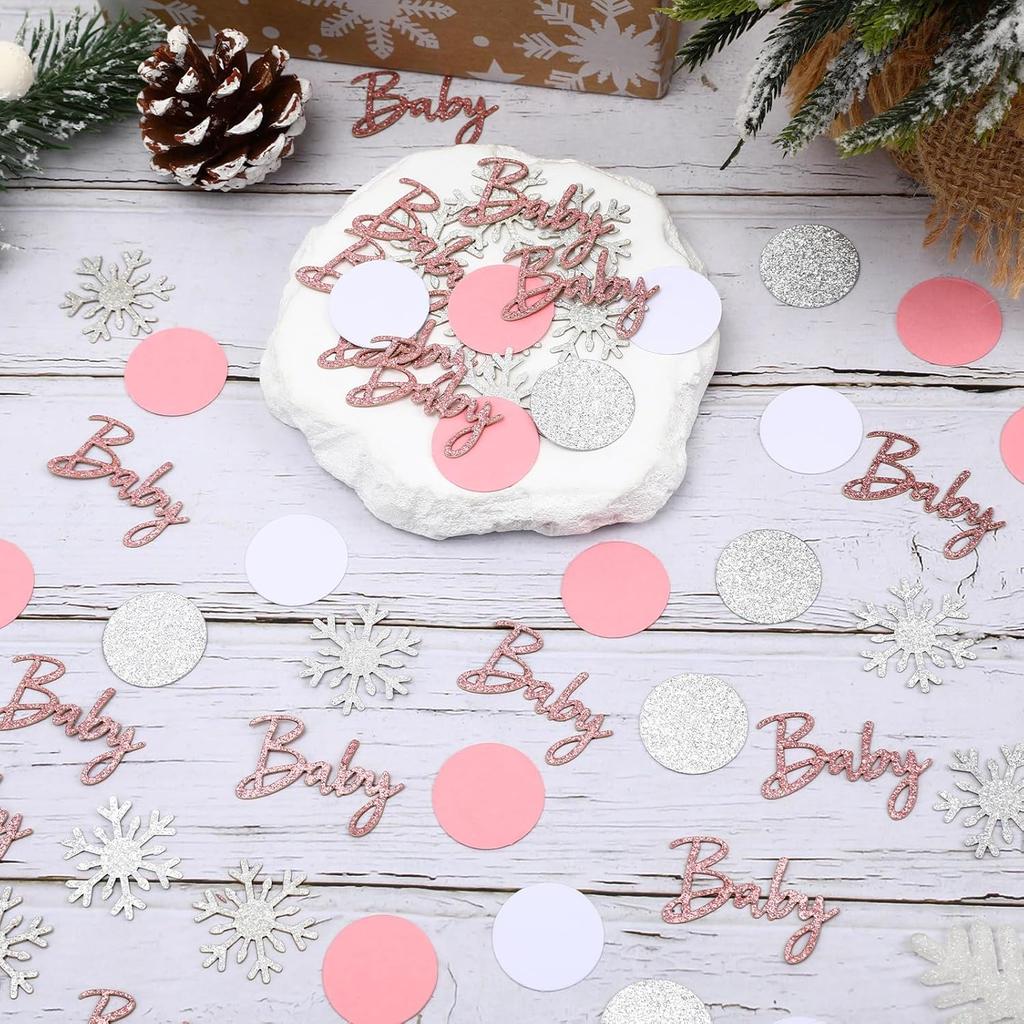 MARFOREVER Winter Baby Shower Table Confetti, 200 Pcs Glitter Pink Silver Snowflake Baby Confetti Table Decorations Winter Gender Reveal Sprinkle for