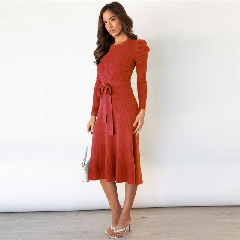 Knitted Dress Big Swing Dress Base Sweater Dress Slimming High Waist Bubble Long Sleeve Mid-Length