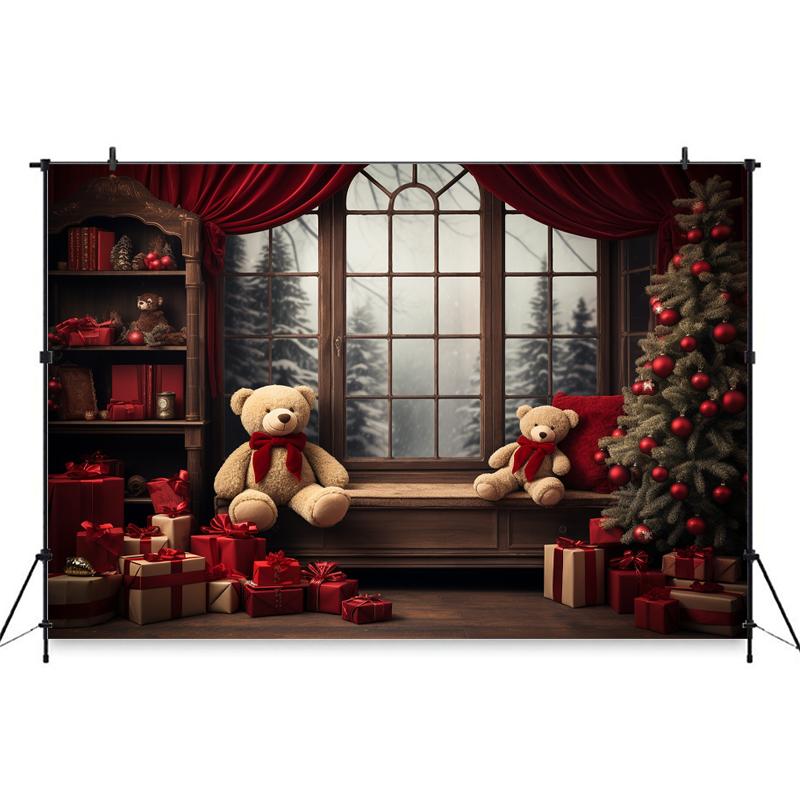 Merry Christmas Photo Background For Children Indoor Window Home Xmas Tree Bear Gift Photography Backdrop Stand Studio Photozone