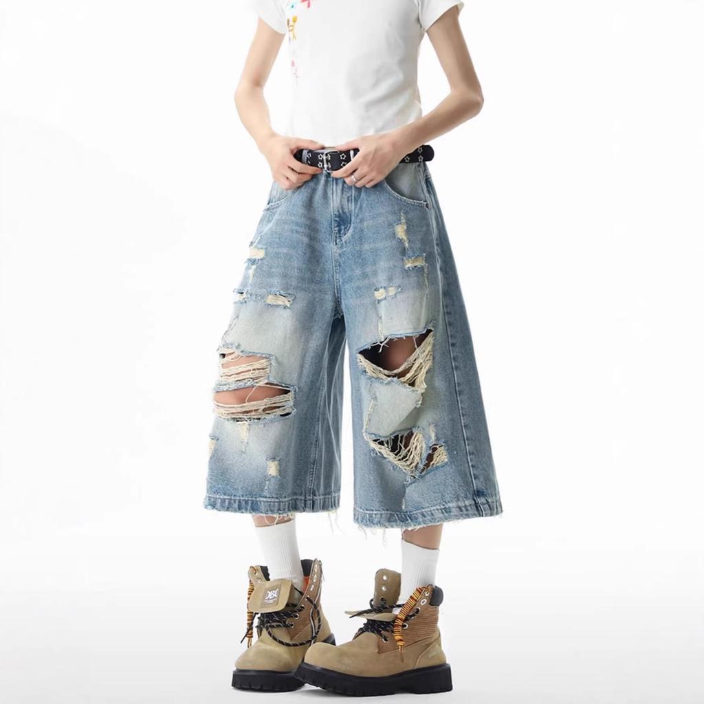 American Washed Ripped Denim Cropped Pants Men's and Women's Summer Vintage Design Couple Wide-leg Over-knee Pants