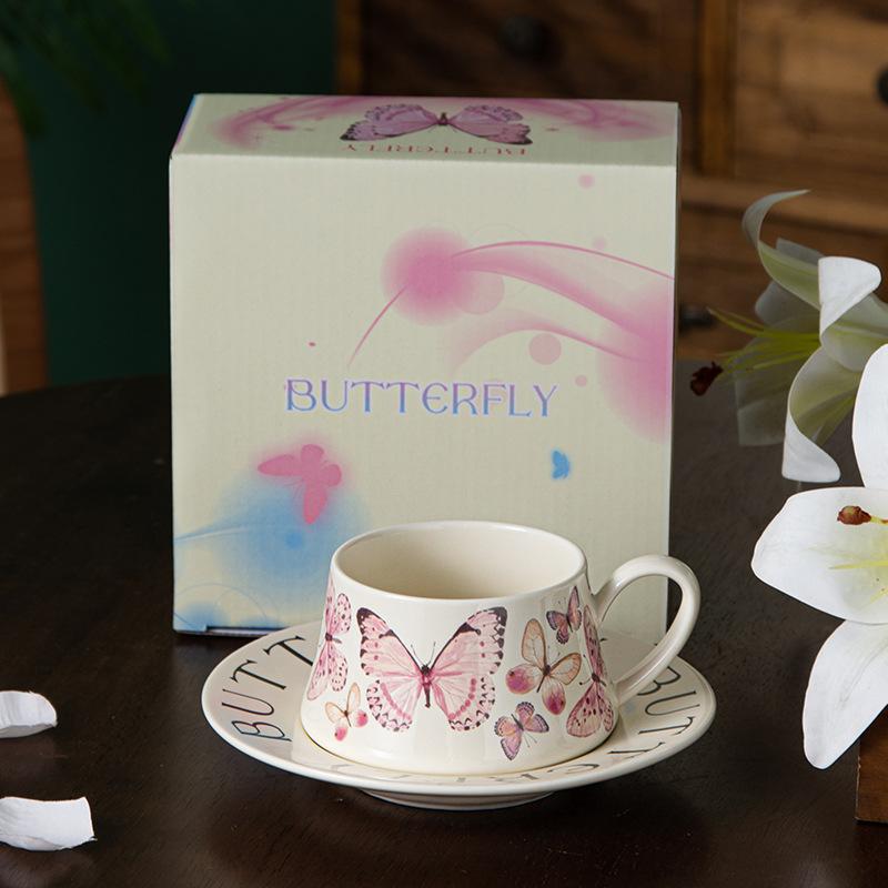 High Value Butterfly Coffee Cup Saucer Set Ceramic Mug Girl Drinking Water Cup Luxurious High End Souvenir