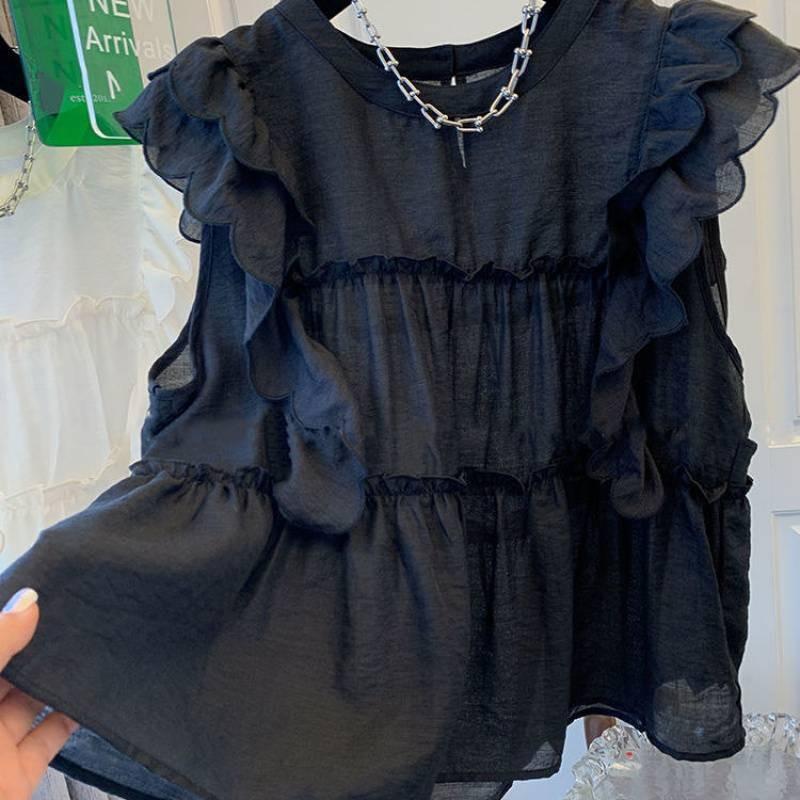 Women French Ruffle Flutter Sleeve Round Neck Shirt Sweet Doll Loose Blouse Summer New