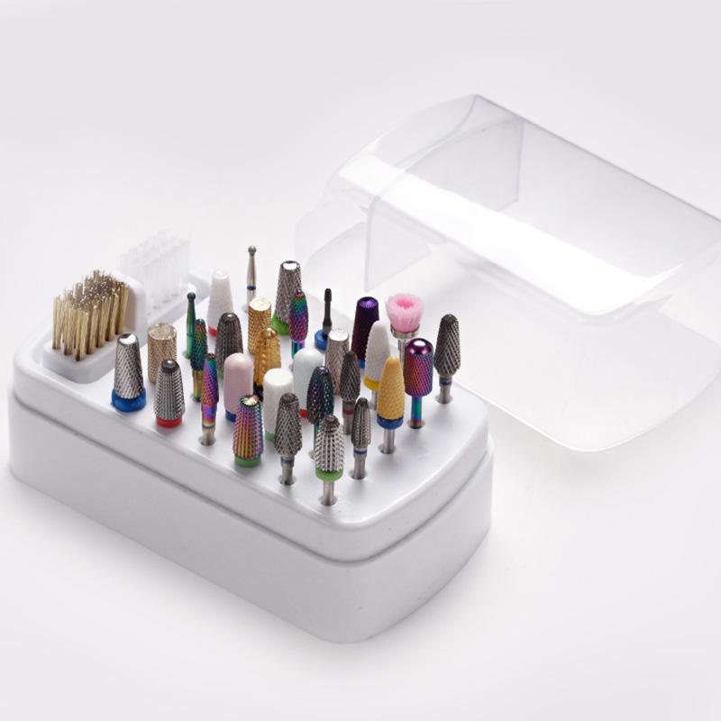 Nail Drill Bits Storage Box with 30 Holes and Cleaning Brush Manicure Salon Grinding Head Holder Nail Art Accessory Organizer