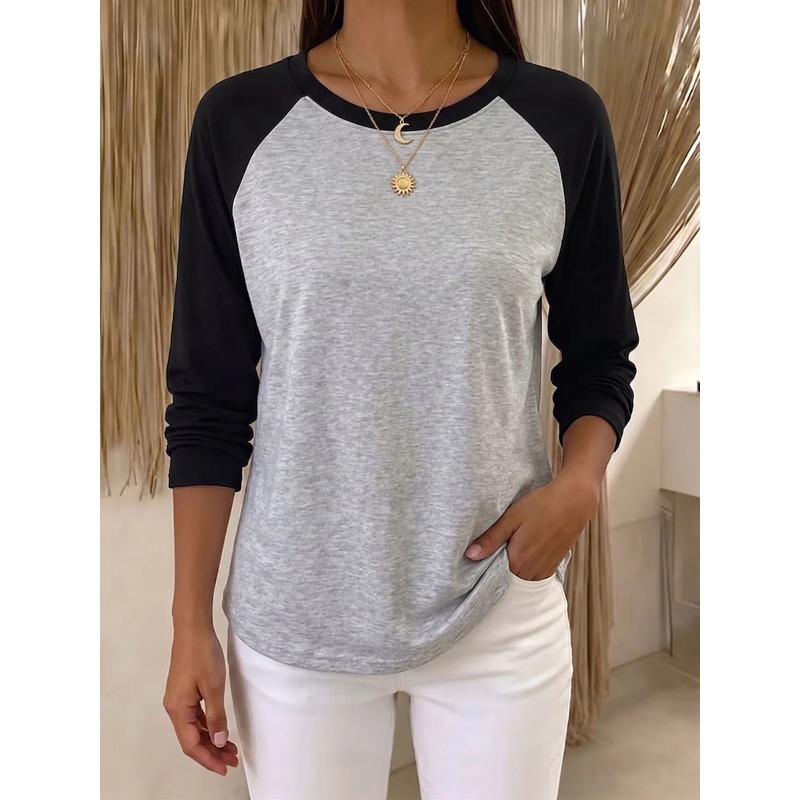Women S Loose Fit Long Sleeve Color Block Crew Neck T Shirt S серый