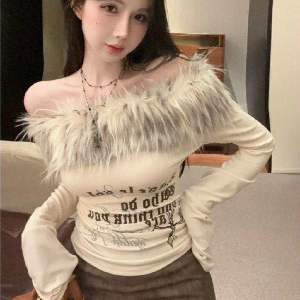 VAYLA Fur Collar One-shoulder Long-sleeved Women Slim-fit Printed Pattern Off-shoulder Short Top Trendy Hot Girl Winter T-shirt Women