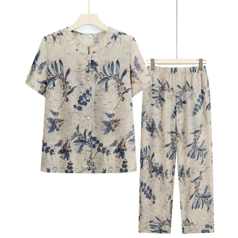 Grandma's Summer Short Sleeve Two-Piece Suit - Ice Silk Casual Wear for Middle-Aged and Elderly Women