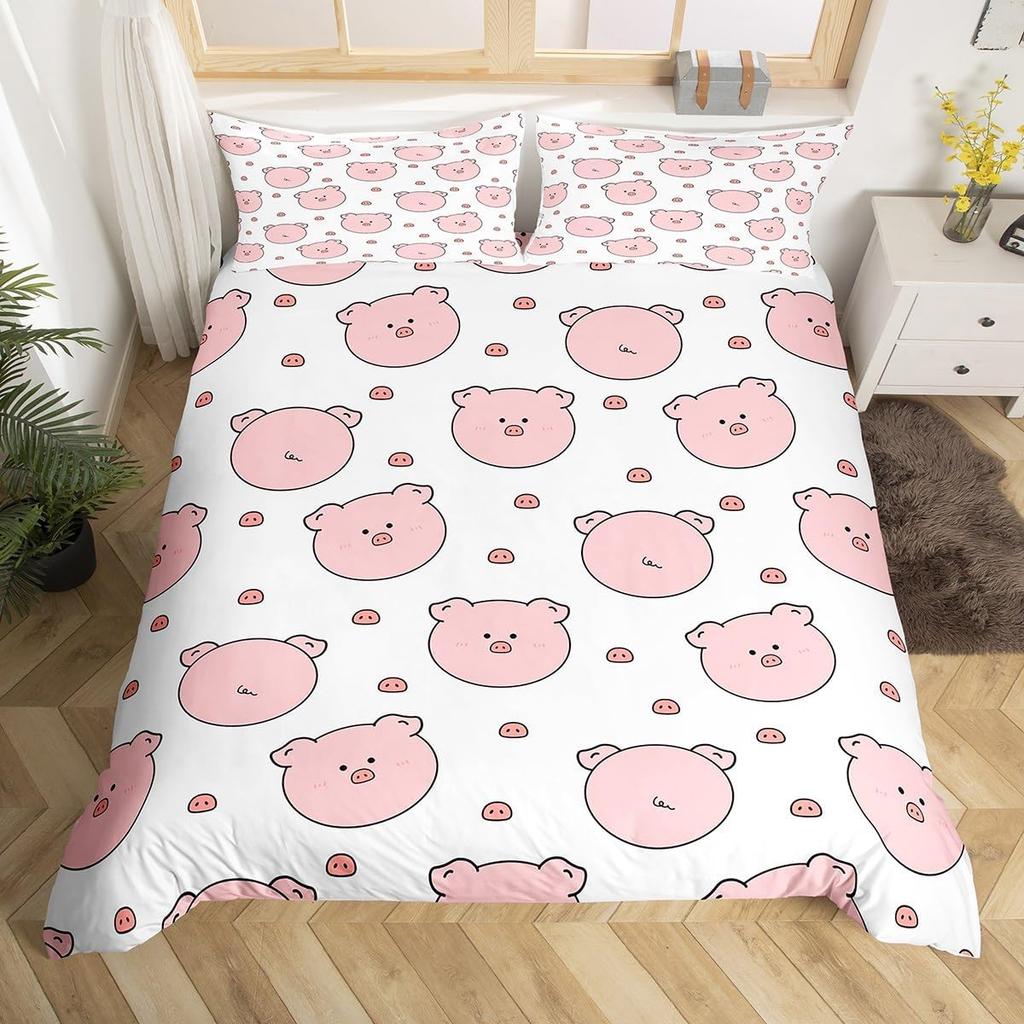 Cute Pig Duvet Cover Set Rose Flower Princess Bedding Set,Girls Women Room Decor,Cartoon Livestock Animal Rustic Comforter Cover