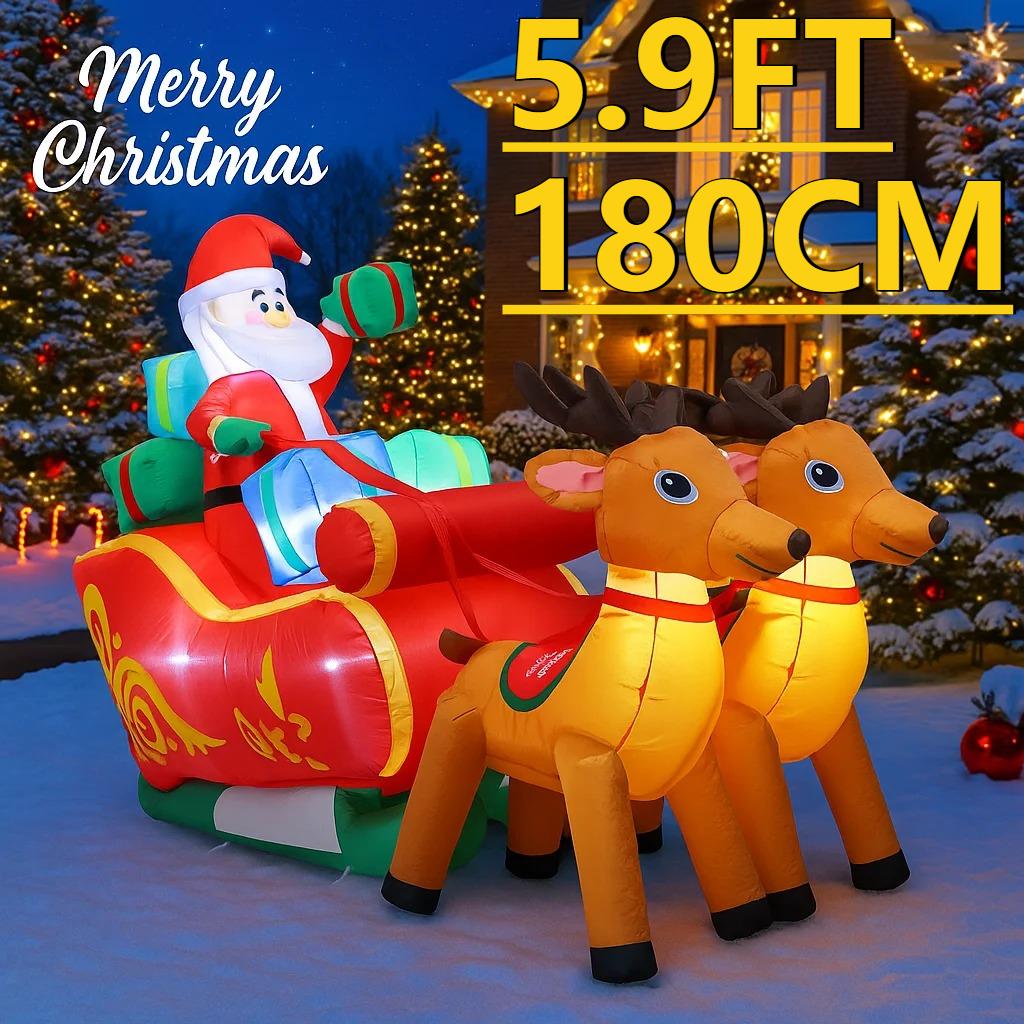 5.9FT Christmas Holiday Inflatable Yard Decor Santa Sleigh Reindeer Xmas Toy Home Decoration LED Supplies Ornament Gift Decor