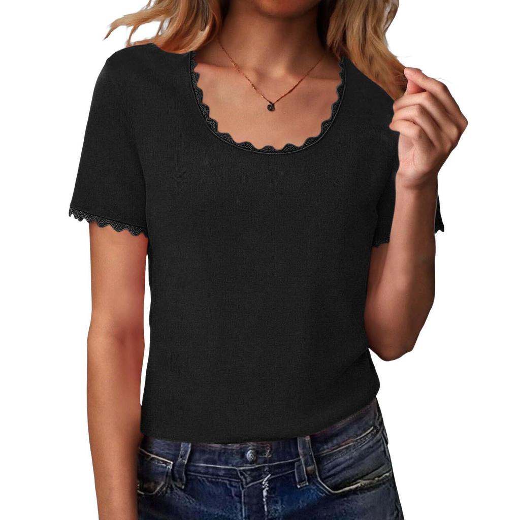 Womens Lace Trim Casual Loose Fit Short Sleeve T Shirt Scalloped Neckline Relaxed Blouse Top for Everyday Wear