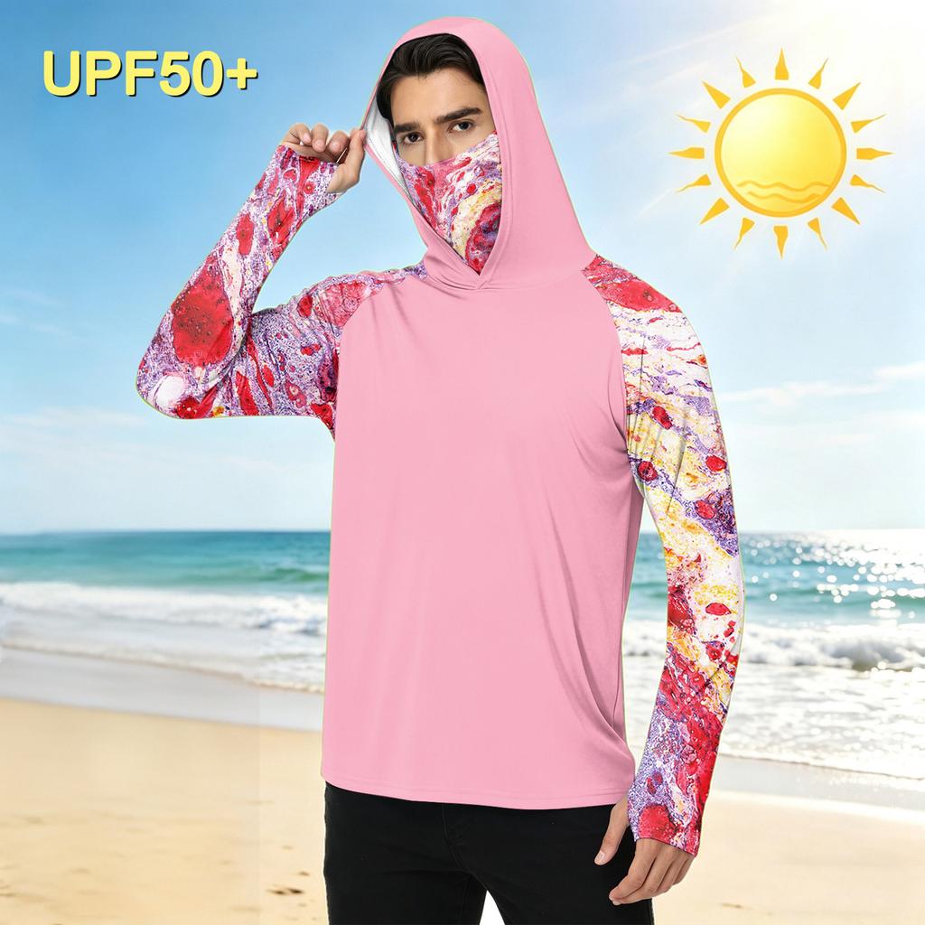 Men's Casual Outdoor Hooded Long Sleeve Sun Protection Shirt Tie Dye Print Lightweight Breathable Quick Dry Fabric