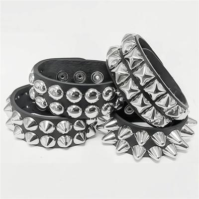 2025 New Wide Punk Chunky Rivet Leather Bangle Rock Rows Square Nails Wristband Adjustable Size Jewelry Bracelets & Bangle