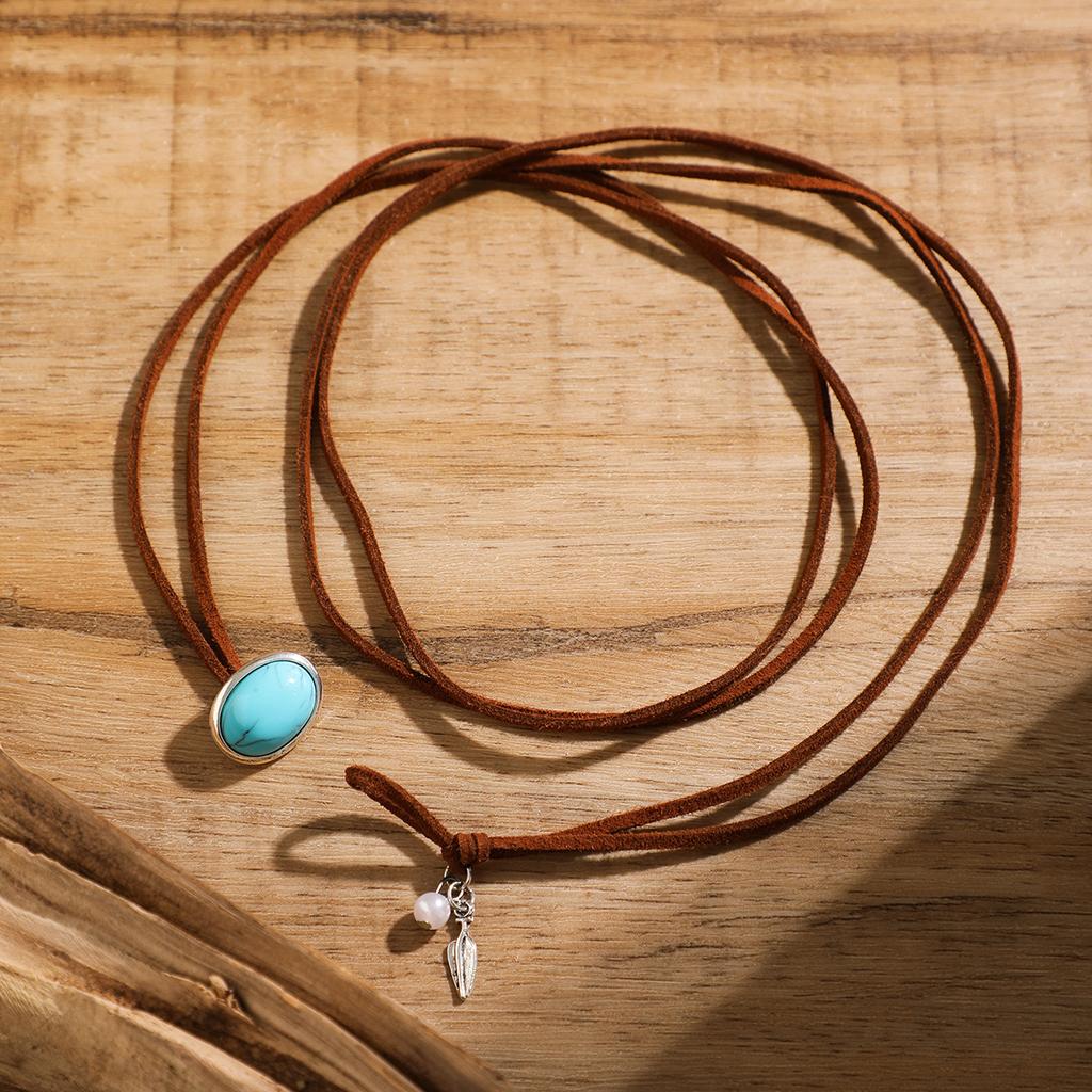 Ethnic Wind Turquoise Double Layer Korean Velvet Collarbone Chain Choker Sweet Cool Simple Necklace Female Jewellery