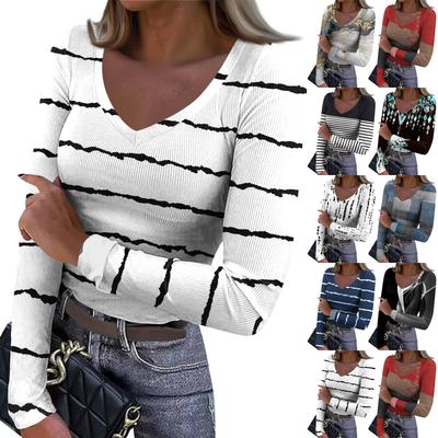 Women's Winter Slim-Fit Base Layer T-Shirt Fashionable Print V-Neck Pullover Long-Sleeved Top