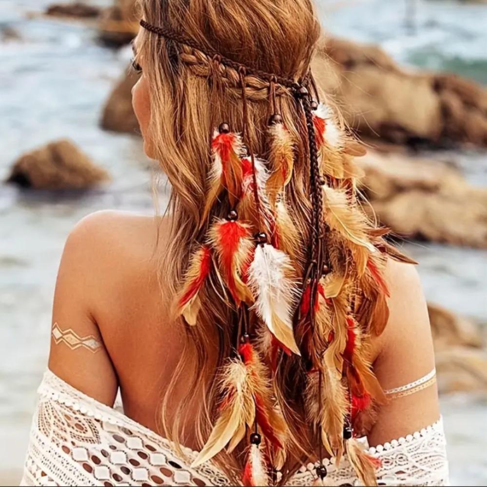 Fascia per Capelli con Piume Regolabile, Frange, Arcobaleno, Fascia Indiana, Elegante Copricapo Stile Boho, Festivo