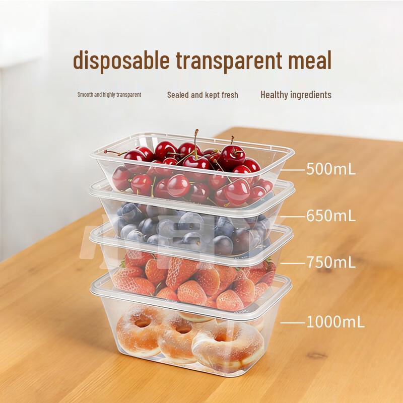 Disposable Rectangular Plastic Meal Boxes with Lids, 750ml, 300-Count