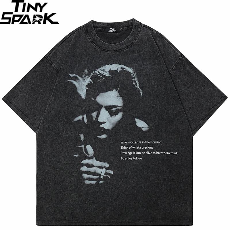 Hip Hop Streetwear Men TShirt Oversized Retro Graphic T Shirt Vintage Washed Black Tshirt Unisex Tops Tees Cotton Hipster