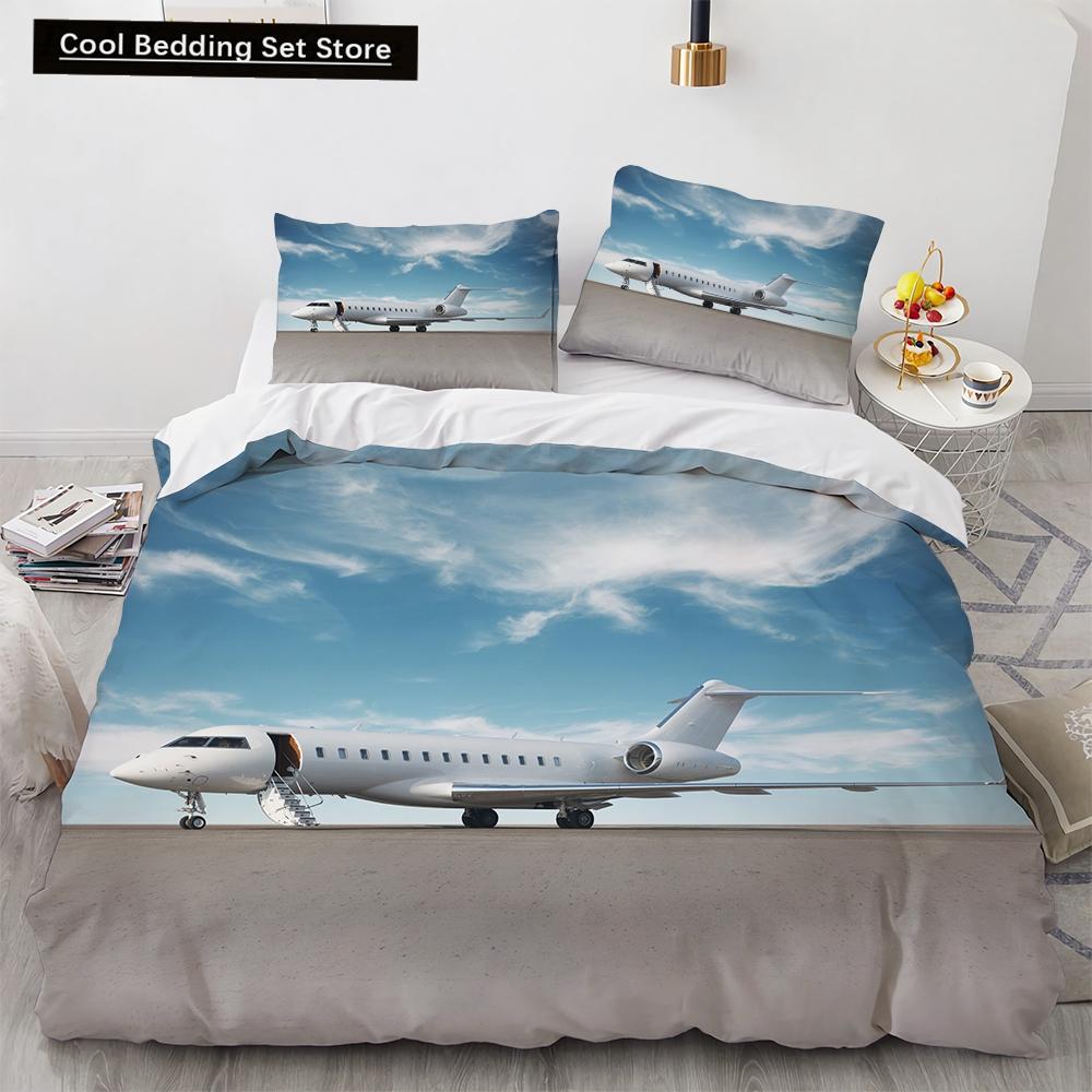 3D Airplane King Queen Duvet Cover Pink Airliner Bedding Set for Adults Sky Sea Natural Landscape 2/3pcs Polyester Quilt Cover