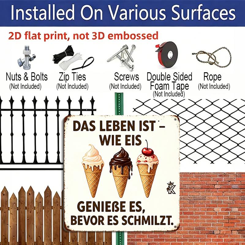 2D Flat, 1pc Vintage Ice Cream & German Dessert Slogan Metal Sign - Retro German Text Wall Plaque, Durable Aluminum Kitchen/Cafe Decor, Sweet Gift