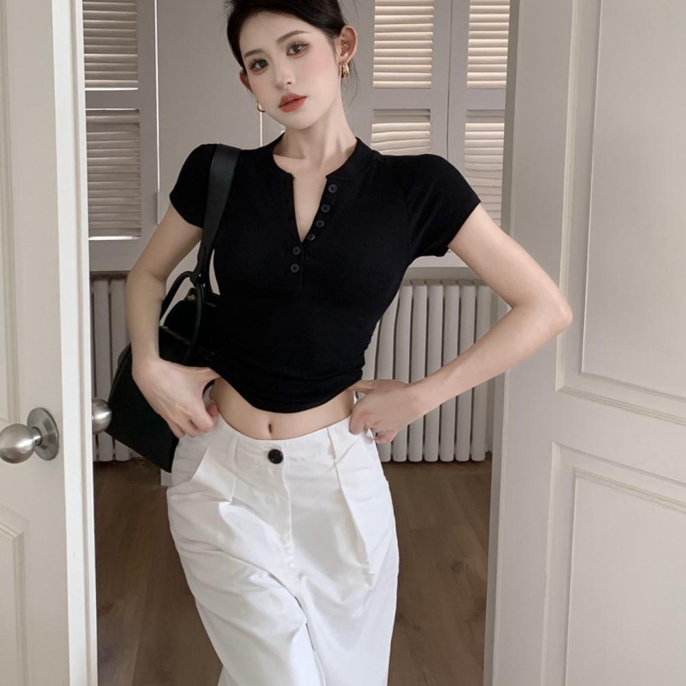 V Neck Button T Shirt Basic Short Sleeve Crop Top Women T-shirt Casual Tank Top Slim Female Crop Top Fashion Girl Tee Shirt Y2k Streetwear