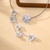 Light Blue Fabric Flower Tassel Choker Necklace Rhinestone Collar Necklace Floral Pendant Necklaces For Women Wedding Daily Part