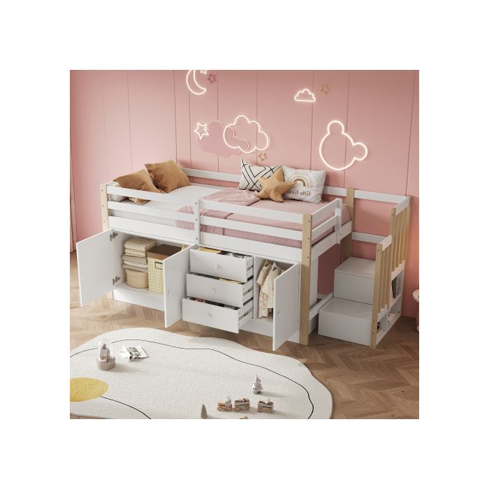 Lit enfant surélevé avec escalier, avec tiroirs, avec 2 armoires de rangement et cintres, sans matelas, blanc 90*200