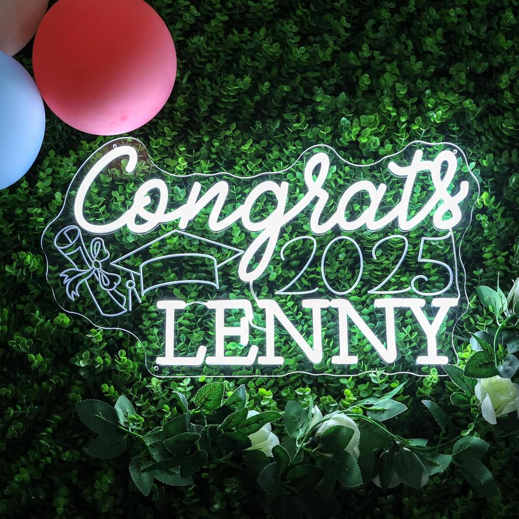 Custom Congrats Name Neon Signs for Class of 2025 Graduation, Personalized Congrats LED Neon Lights with Graduation Cap for Graduation Party Decor,