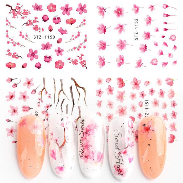 4Pcs Nail Art Slider Black Green Leaves Colorful Flowers Butterfly Spring Summer Nail Simple Designs Nail Art Stickers