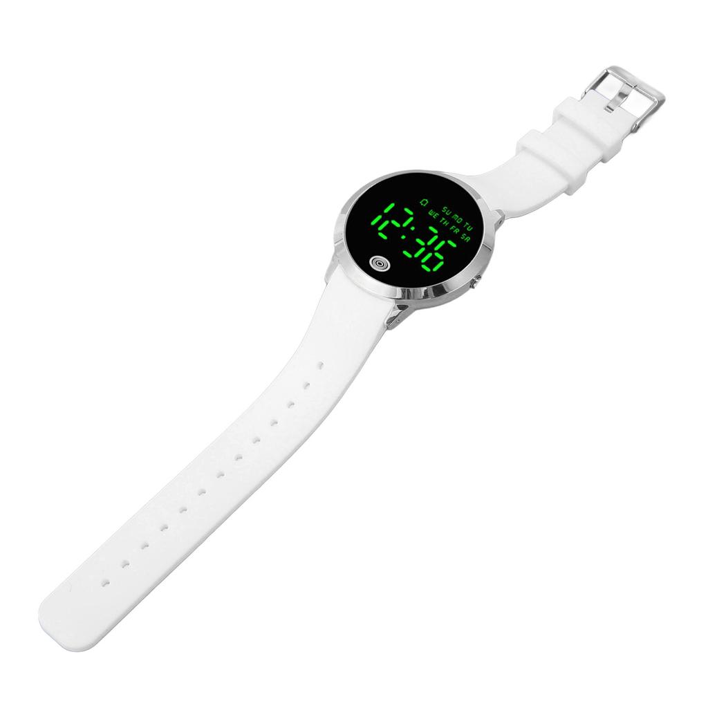 Men Digital Watch Round Color Screen Waterproof Backlit Ultra Thin Stylish Alarm Sports Watch Silver Shell White Belt