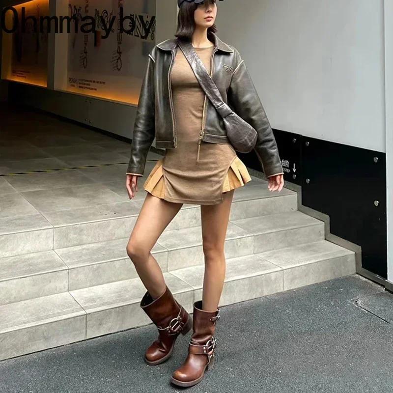 Winter Platform Cowboy Boots Women Shoes Slip On Mid Heel Bota Ladies Retro Mordern Bootties