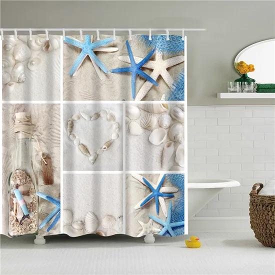Nordischer Stil Meereslandschaft Strandmuschel Duschvorhänge Badezimmervorhang Stoff Wasserdicht Polyester Badvorhang mit Haken