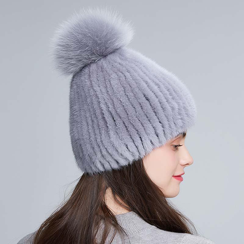 SOMALER Real Mink Fur Hats for Winter Women Fur Cap with Fox Fur Pom Pom Knitted Beanies