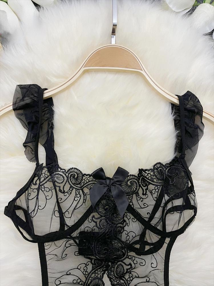 2024 Sheer Bow Lace Sexy Jumpsuits Women Hollow Out Porno Lingerie Romper Female Open Crotch Fashion Strap Transparent Playsuits