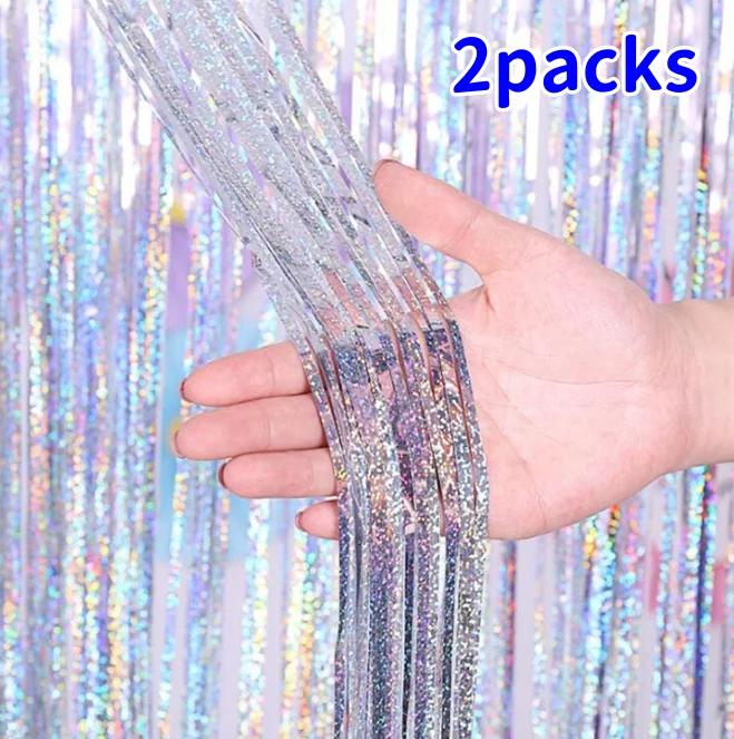 2Pack 2X1M Glitter Party Backdrop Metallic Foil Tinsel Fringe Curtain Birthday Wedding Bachelorette Decoration Adult Anniversary