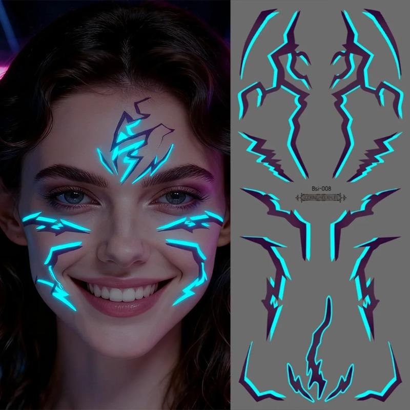 2pcs Glow In The Dark Kpop Gothic Women Face Temporary Tattoos -Cool Blue Purple Lightning & Vein Body Art Waterproof Tattoos