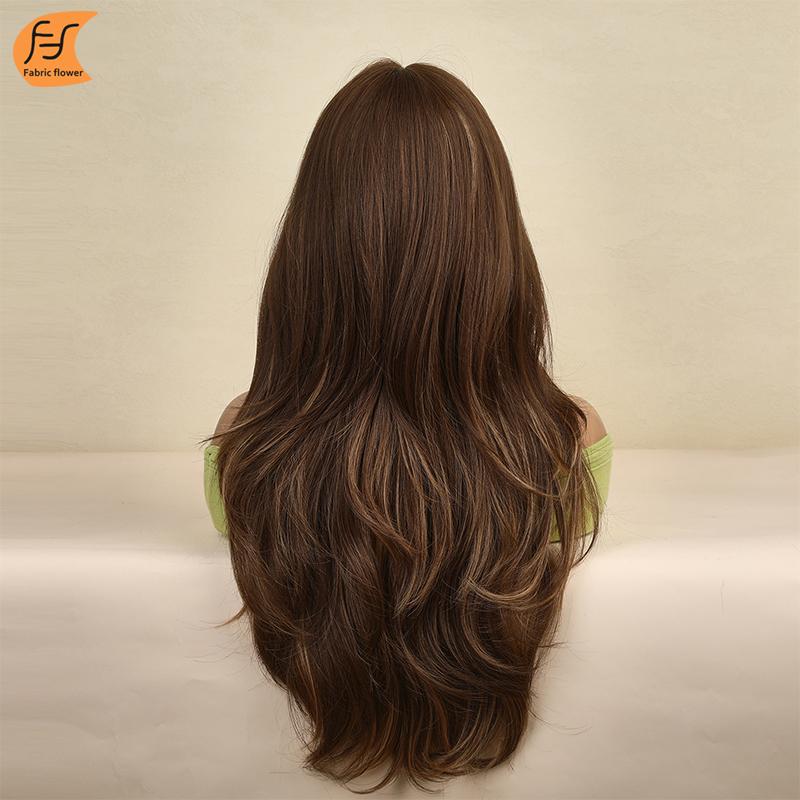 European-American Long Bangs Hair Gradual Golden Brown Long Hair Wig Head Cover