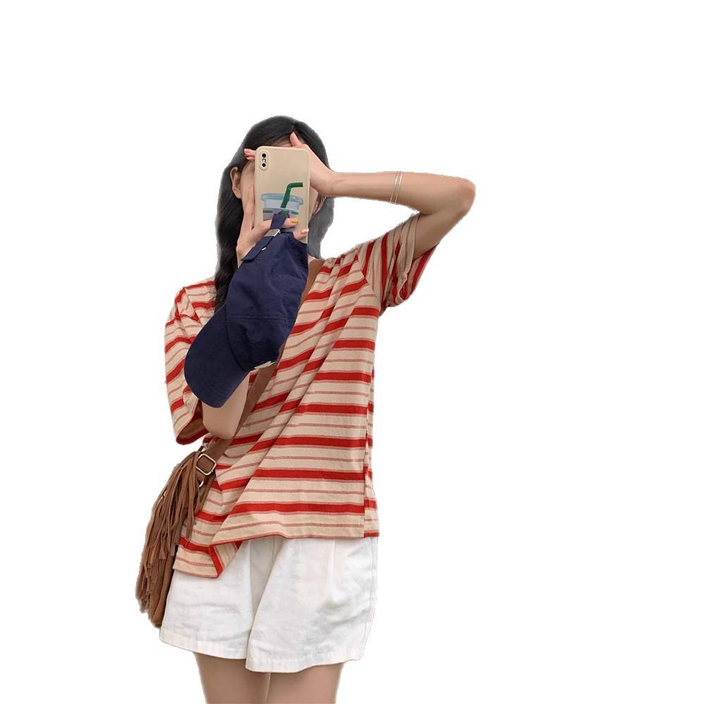 Design Sense Niche Contrasting Color Striped Short-sleeved T-shirt Women's Summer New Korean Version Loose Casual Fashion Top