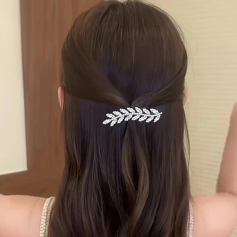 2PCS Fashion Of Sparkling Rhinestone Wheat Ear Leaf Duckbill Hair Clip,Exquisite Side Clip With a Straight Clip Hair Accessories