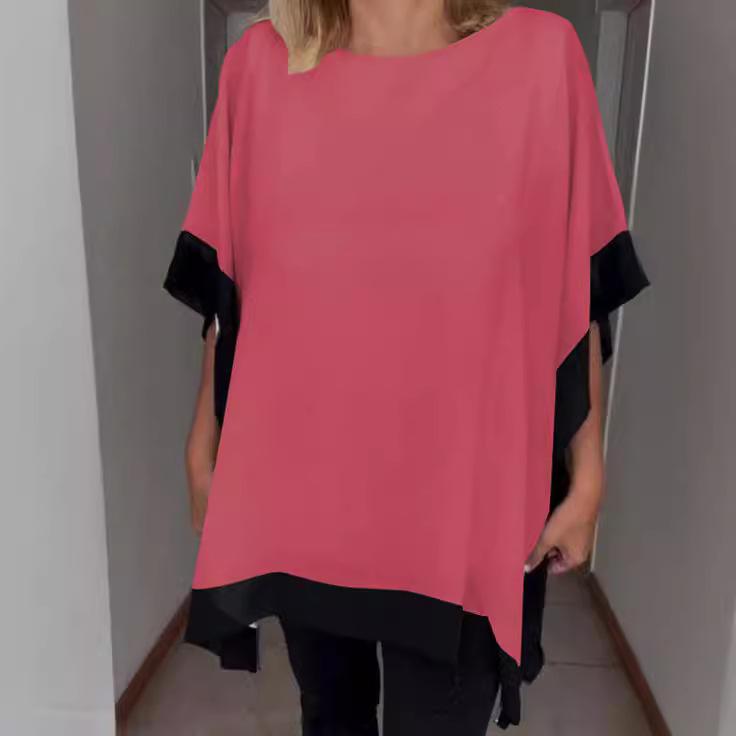 Women s 2024 Round Neck Loose Batwing Sleeve Patchwork T-shirt Medium