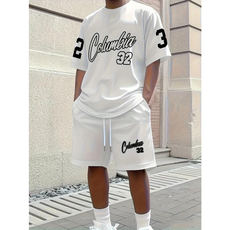 Men's Letter Print Crew Neck Short Sleeve Stylish Streetwear Men's Fashion Set Summer Casual Outdoor Vacation Two-Piece Set