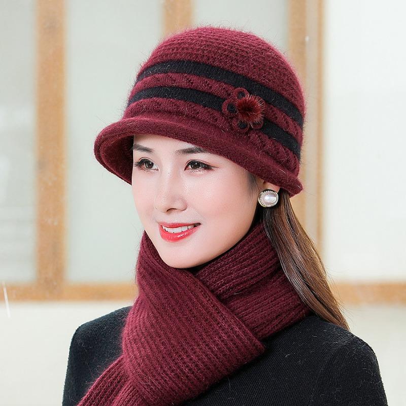 

Шапка для пожилой матери среднего возраста с осенне-зимним темпераментом, модная простая шапка из меха кролика с толстым бархатным шарфом в комплекте Single Hat бордовый