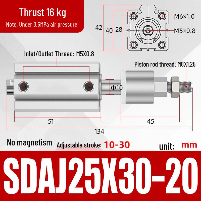 Adjustable Stroke Pneumatic Thin Cylinder - Piston Rod Sizes: 16/20/25/32/40/63
