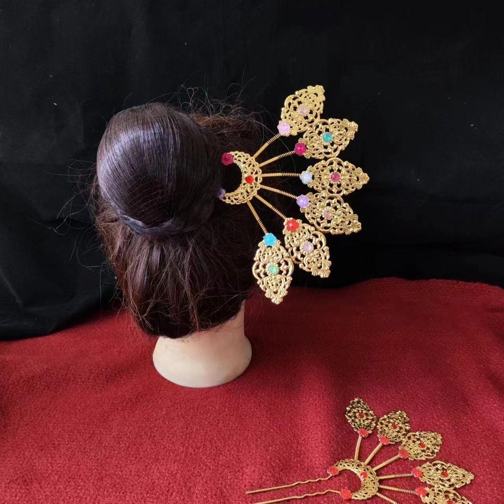 Rhinestone Thai Metal Leaves Hairpin Gold Ethnic Style Hair Accessories U-shaped Hair Fork  Daily