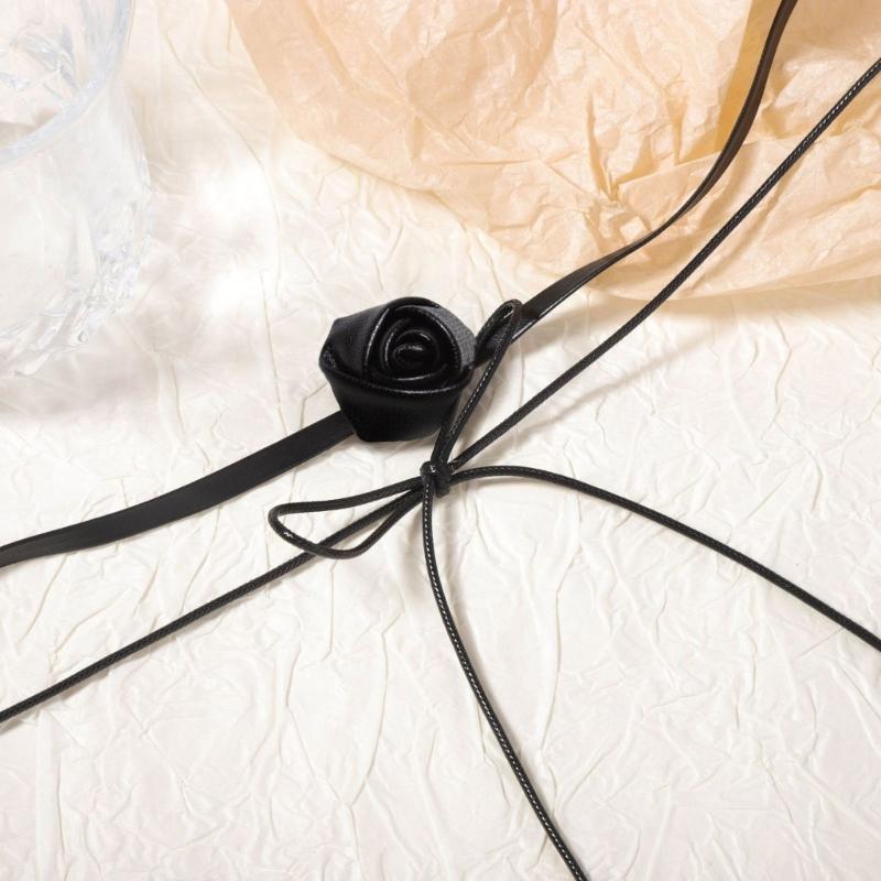 Handmade Leather Choker Necklace Elegant Camellia Flower Pendant Clavicle Chain for Holiday Parties and Everyday Wear