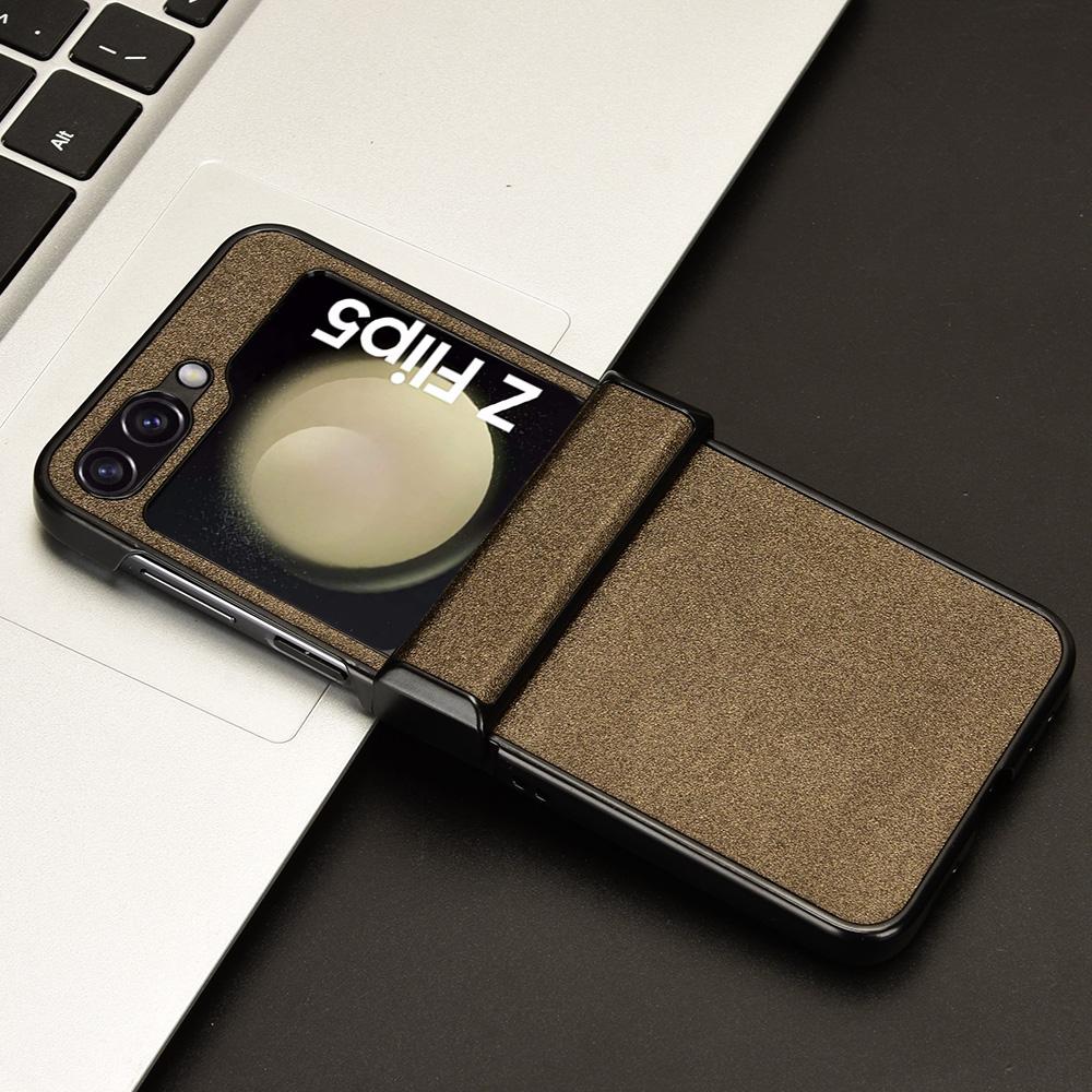 For Samsung Galaxy Z Flip5 5G PU Leather Coated PC Phone Case Hinge Protection Sand-like Texture Cover